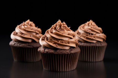 Delicious chocolate cupcakes on a black background. Close-up.の素材
