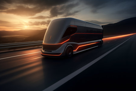 A driverless truck driving at high speed. Futuristic transportの素材