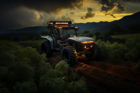 A new tractor in a field with its headlights on in the evening, cultivating a plowed field. Agricultural concept.の素材