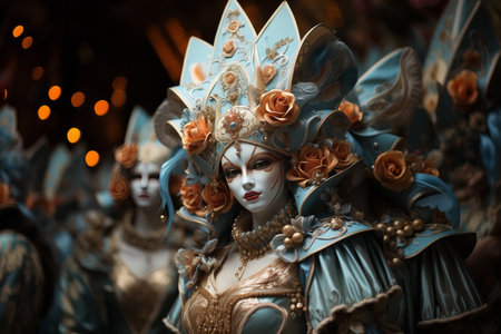 Portrait of a woman in costume and mask at the Venice Carnival in Italy. Carnival costumes and masks.の素材