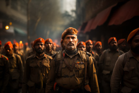Indian army soldiers march along the city street, parade.の素材