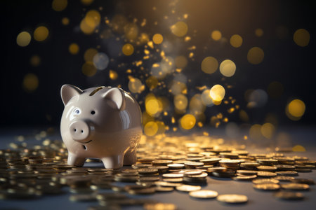 Ceramic piggy bank among coins against a background of glare. Business concept.の素材