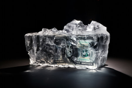 Frozen dollar value concept. Dollar bill inside an ice cube on a black background.の素材