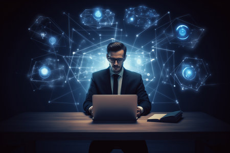A businessman works at a laptop, an interactive model glows around him. Global strategy.の素材
