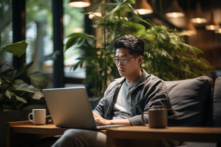 An Asian freelancer works at a laptop in a cafe, drinks coffee. Remote business.の素材