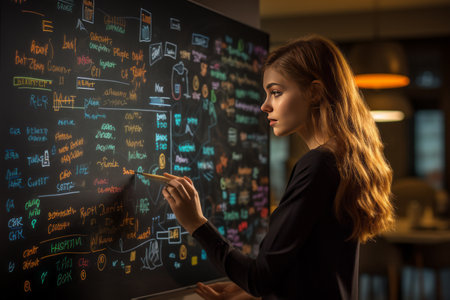 Beautiful woman takes notes on a black board in the office. Business and education concept.の素材