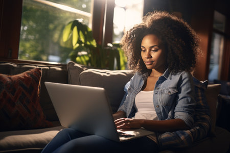Relaxed African American woman enjoying weekend, surfing internet on laptop. Relaxation, entertainment or remote work.の素材