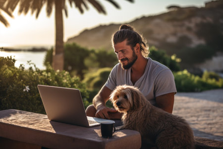 A male freelancer is sitting on the street with a laptop, a dog is sitting next to him, in the background there is the sea, mountains and palm trees.の素材
