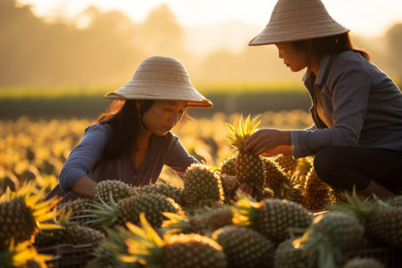 Asian women harvest pineapples in the field. Agricultural concept.の素材