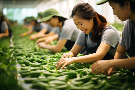 Asian women sort the cucumber harvest. Agricultural concept.の素材