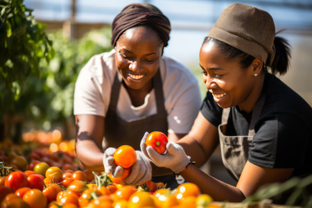 African American women sort the tomato harvest. Agricultural concept.の素材