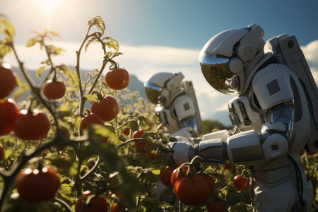 A humanoid robot harvests tomatoes. Agricultural concept of the future.の素材