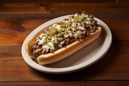 Philadelphia cheese sub sandwich on a plate.の素材