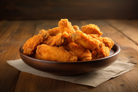 Buffalo chicken wings, on a wooden table. Close-up.の素材