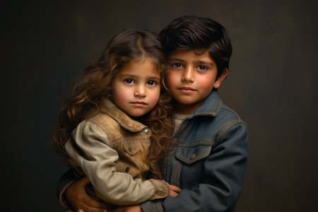 Portrait of happy Indian children, brother and sister. Ethnic portrait of children.の素材