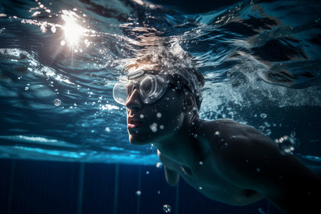 Underwater portrait of a young athlete swimmer. Sports and recreation concept.の素材
