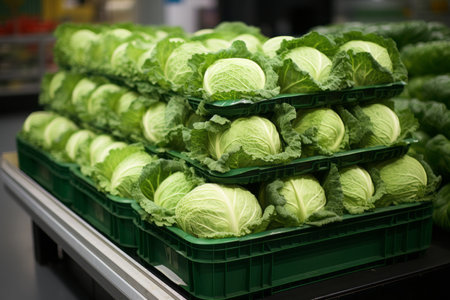 Round cabbage on the counter in the store. Trade in vegetables.の素材