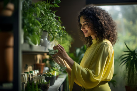 A beautiful woman in a yellow blouse waters plants in a pot. Home gardening and floriculture.の素材