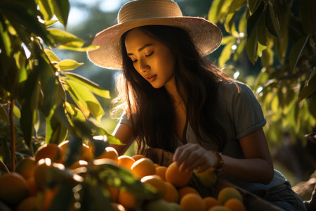 A beautiful Asian woman is harvesting mangoes. Agricultural concept.の素材