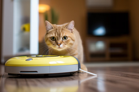 A curious ginger cat near a robot vacuum cleaner in the living room. Close-up.の素材