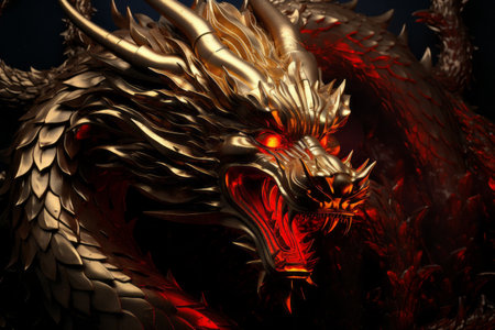 Golden dragon symbol in shades of red on a black background. Symbols and signs.の素材