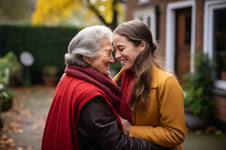 Happy adult granddaughter and elderly grandmother enjoying a conversation in the courtyard of the house. Family connection between generations.の素材