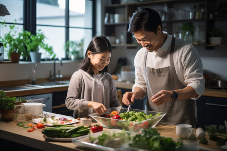 Father and daughter preparing vegetable salad in the kitchen. Cooking.の素材