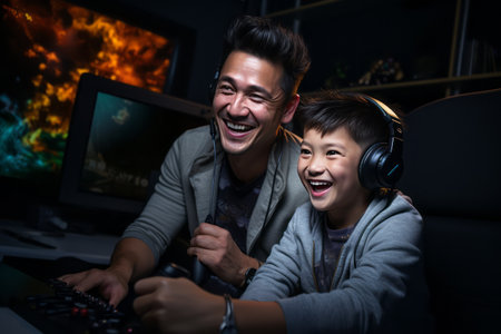 An Asian father and son are having fun playing a video game. Entertainment and relaxation.の素材