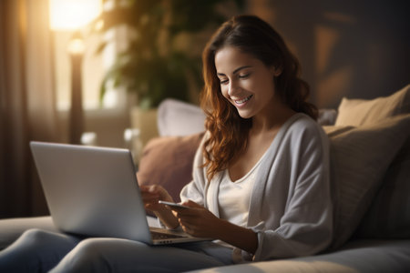 Young woman shopping online, holding a credit card and using a laptop computer. Online shopping.の素材