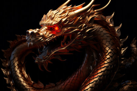 Golden dragon symbol in shades of red on a black background. Symbols and signs.の素材