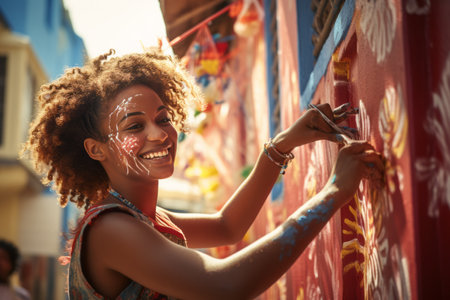 A young beautiful African American woman paints with a brush on the wall of a building. Street art.の素材