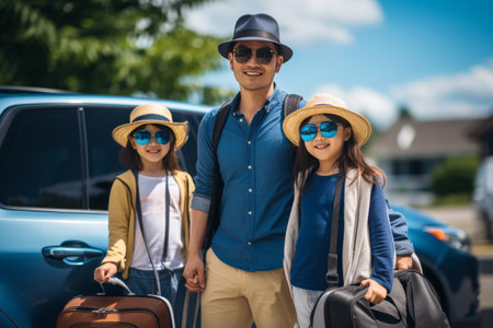 Happy father with daughters near the car on the street. The family travels by car.の素材