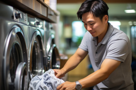 An Asian man takes clothes out of the washing machine. Household hygiene.の素材