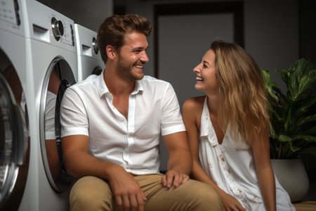 A young couple of European appearance wash clothes in a washing machine in a laundry room, smile and communicate.の素材