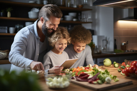 Children and father preparing food, watching recipe on touch screen tablet in kitchen at home. Children prepare food.の素材