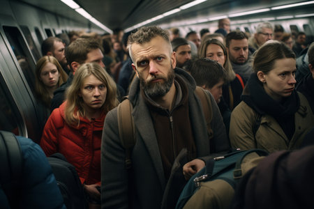 Portrait of a sad man in a crowded subway train. Rush hour on public transport.の素材