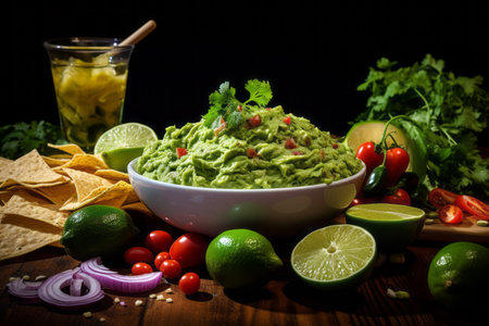Delicious guacamole with nacho chips and ingredients in a white plate on a wooden tableの素材