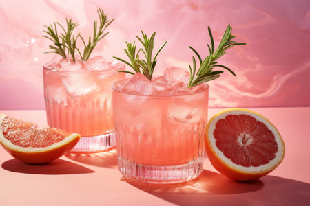 Two elegant cold wet glasses with fresh grapefruit juice with ice on a pink background.の素材