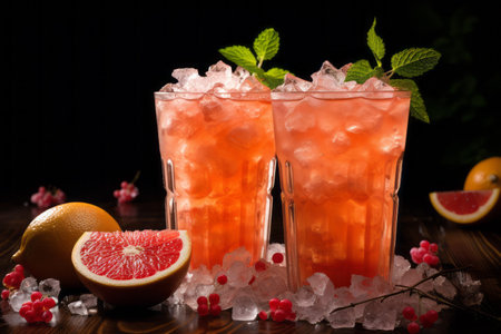 Pink grapefruit cocktail in glasses with ice decorated with mint leaves on a wooden table on a black background.の素材