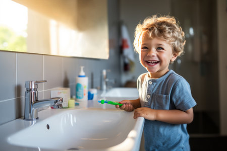 Little cute boy brushing his teeth, smiling. Hygiene and health.の素材