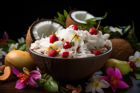 Coconut bowl with various fruits natural yoghurt. Close-up.の素材