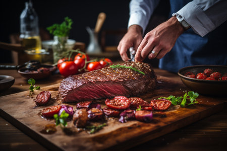 Man preparing steak in kitchen. Close-upの素材