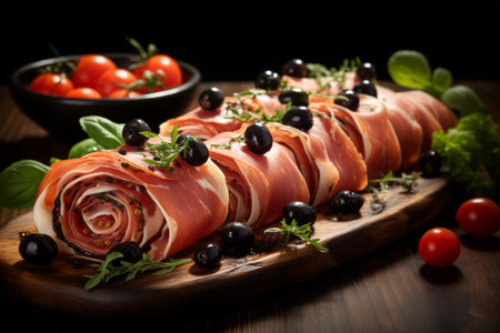 Parma ham rolls and black olives. Close-upの素材