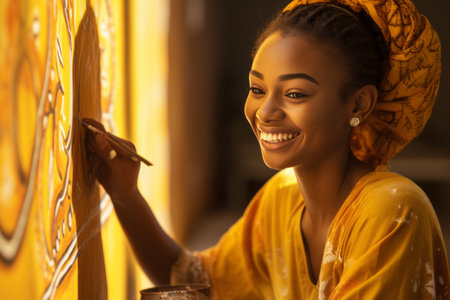 A young beautiful African American woman paints with a brush on the wall of a building. Street art.の素材