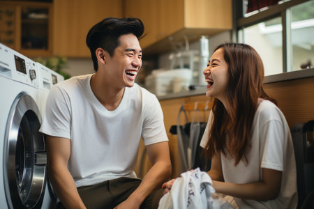 Happy young couple of Asian appearance wash clothes in the washing machine in the kitchen, smile and communicate.の素材