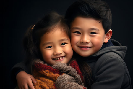 Asian children, brother and sister, hug and look at the camera. Ethnic portrait of children.の素材