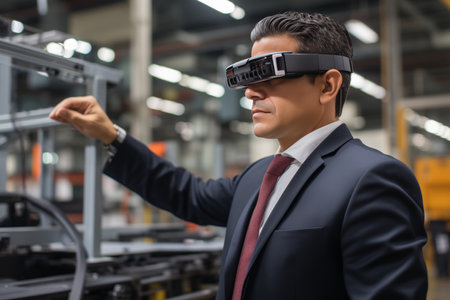 A manager with virtual glasses on his head performs virtual control with his hands in production. Technology concept and production.の素材