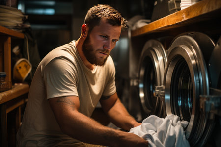A thoughtful man puts laundry into the washing machine. Household hygiene.の素材