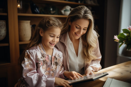 Online shopping. Mother and daughter shopping online using laptop.の素材