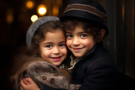 Children of Jewish appearance, brother and sister, hug and look at the camera. Ethnic portrait of children.の素材